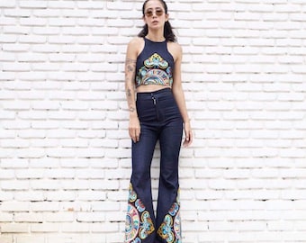 Women's Blue Jeans Denim Racer front Tank Top & Hight Waist Bell Bottom Pants with Hill tribe flowers fabric embroidered Set.