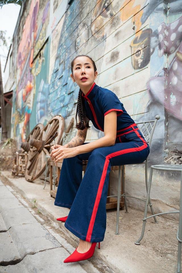 Short Sleeve Denim Jumpsuit Chinese Collar Red Trim High - Etsy