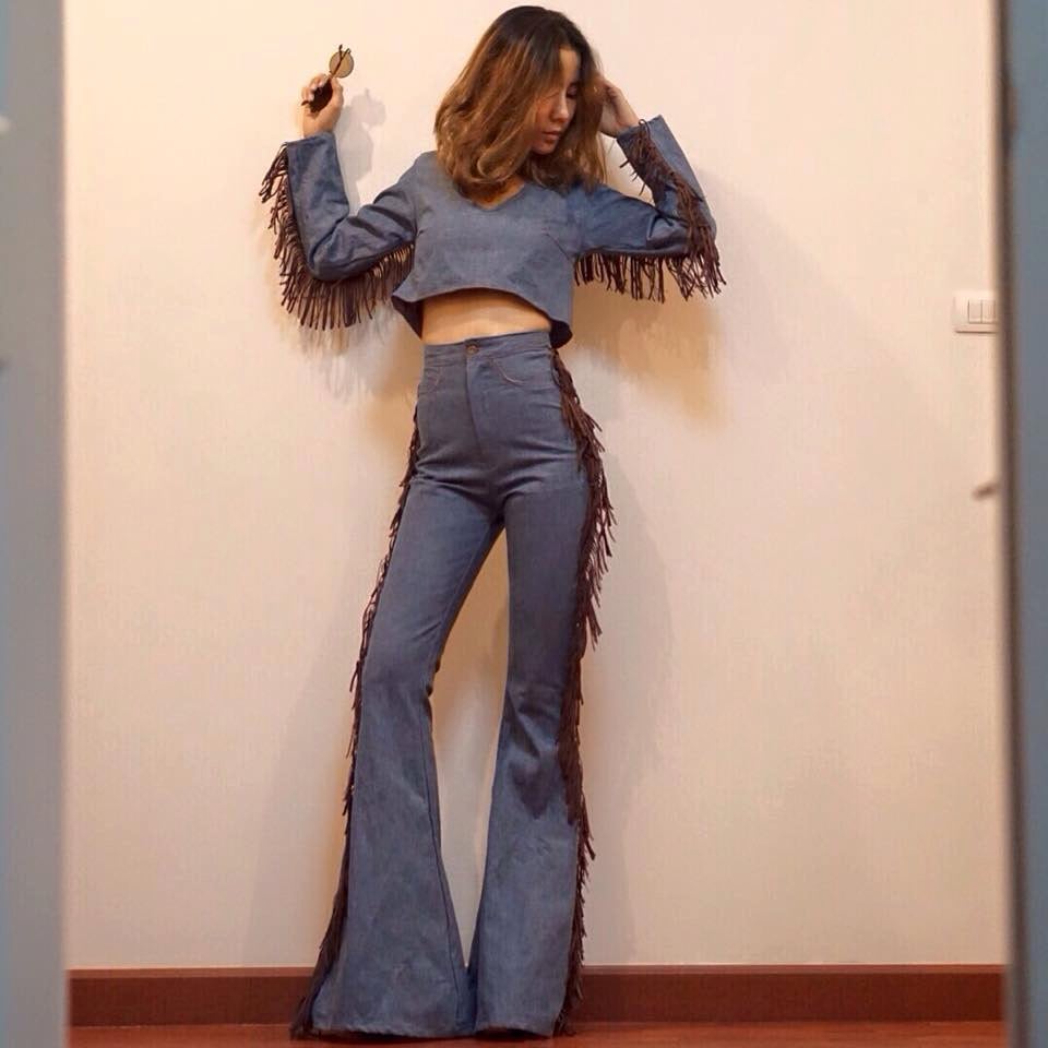 Women's Long Sleeve Denim Crop Top /along Side Body Fringe Shirt