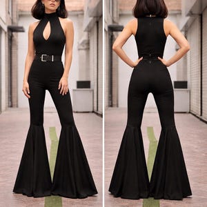 Black Jumpsuit Deep V-Neck High Waist Flared Bell Bottoms 70s Style Disco Jumpsuit