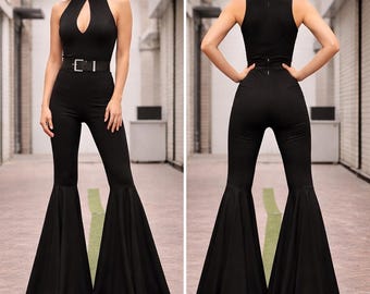 Black Jumpsuit Deep V-Neck High Waist Flared Bell Bottoms 70s Style Disco Jumpsuit