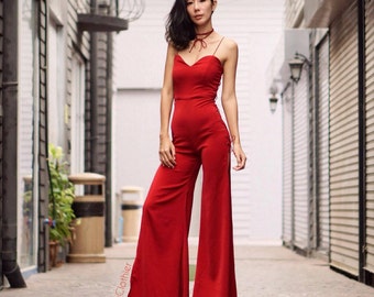 Red Wide Leg Jumpsuit, Slinky Side Split, 70s Style