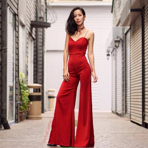 Women's Summer Red Jumpsuit/spaghetti Strap/v Neck/high Waist