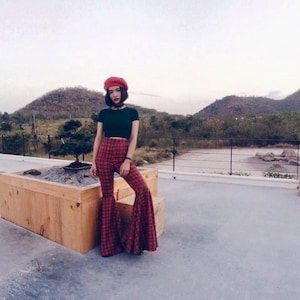 Women's High Waisted Red Plaid Super Flared Bell Bottoms Extra Wide Leg Long Pants / Vintage 70s style/Disco fashion/Boho/Rock and Roll.