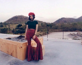 Women's High Waisted Red Plaid Super Flared Bell Bottoms Extra Wide Leg Long Pants / Vintage 70s style/Disco fashion/Boho/Rock and Roll.