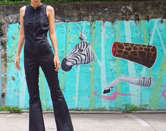 Black Spandex Jumpsuit – 70s Style Bell Bottoms, Open Back