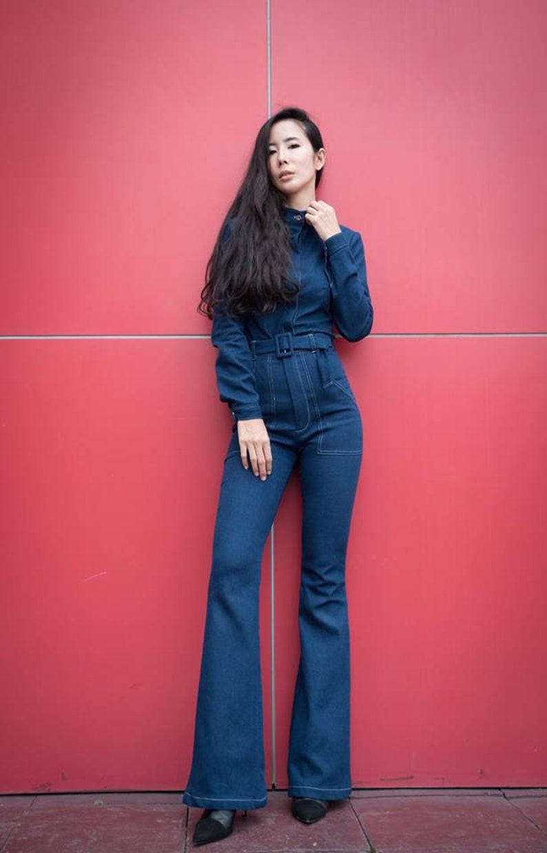 70s Jumpsuit | Disco Jumpsuits, Sequin Rompers Womens Denim Matching Set / High Waisted Bell Bottom Jeans/ Stand Collar Denim Buttons Shirt /Detachable Denim Belt. $159.00 AT vintagedancer.com