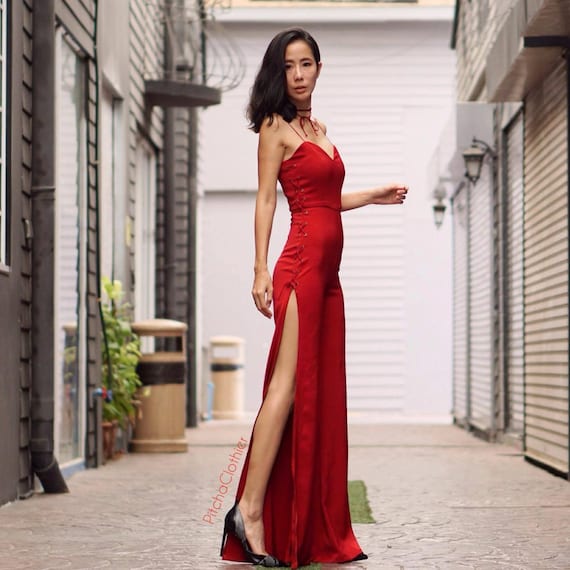Women s Summer Red Jumpsuit spaghetti Strap v Neck high Waist slinky Side Split Wide Legs 70s Vintage Fashion cocktail Night Out Dress. Etsy