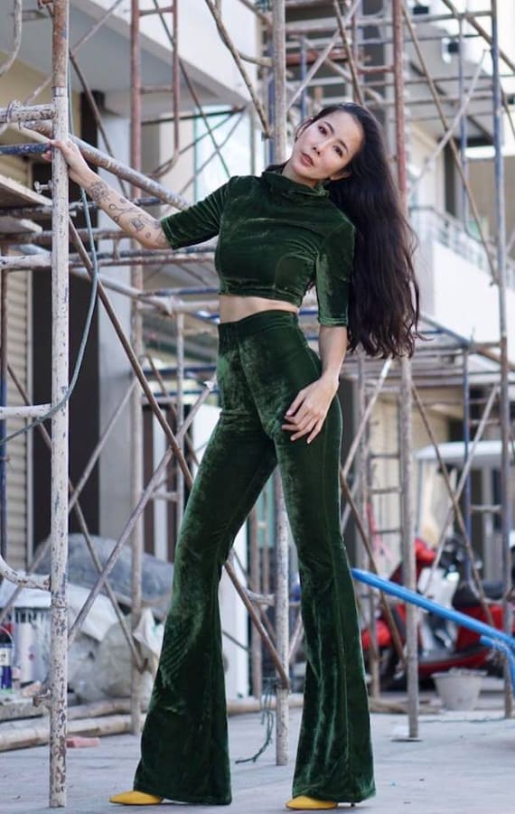 Buy High Waist Bell Bottom Green Pants Online - Urban Suburban