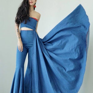 Women's Jeans Denim Elegant Cocktail Outfit Vintage 70s Style/One Shoulder Unique Top/High Waist Bell Bottom Flare Pants