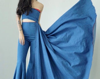 70s Style Denim Bell Bottom Outfit, One Shoulder Top