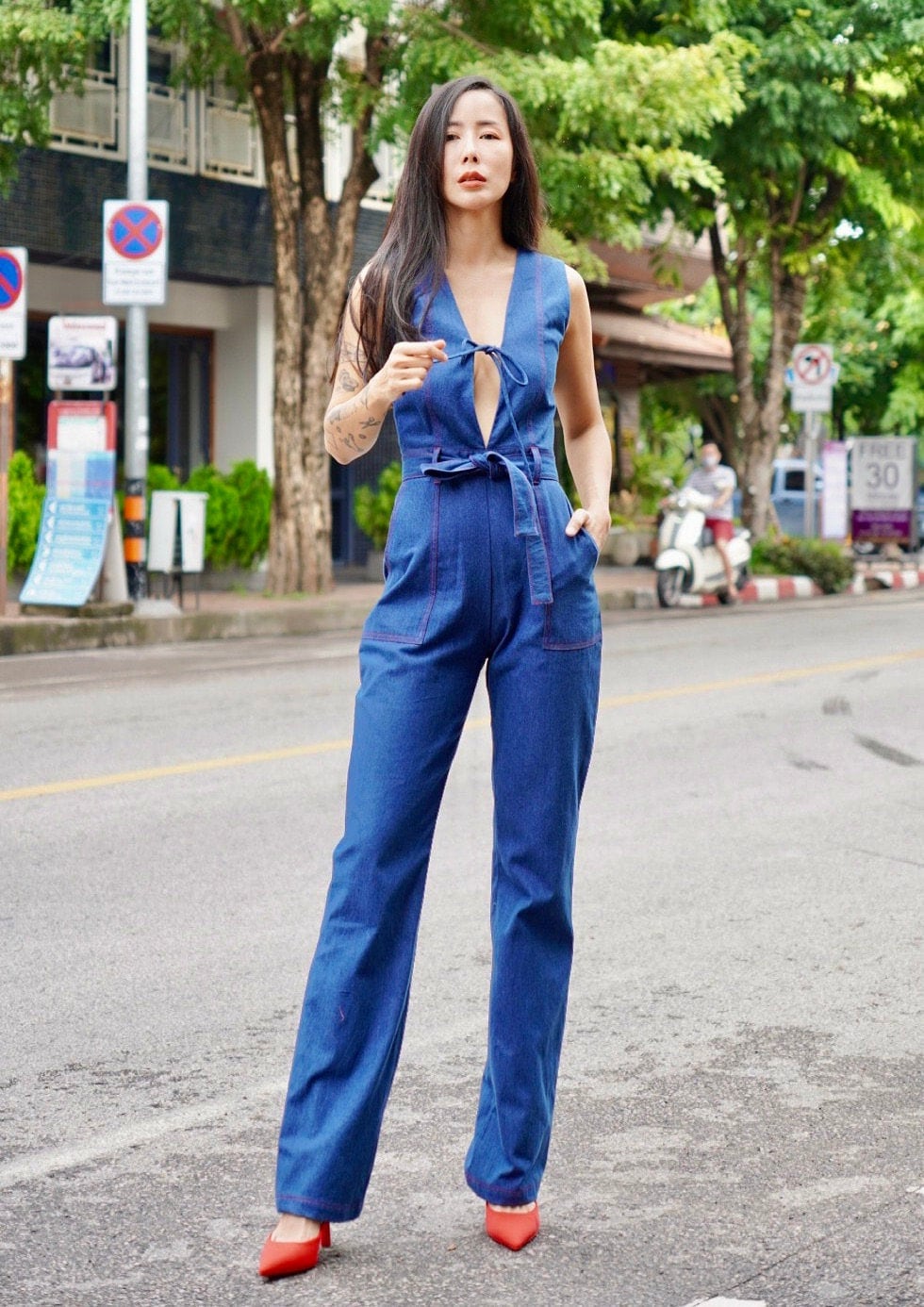 Denim Jumpsuit: Sleeveless, Deep V Neck, Straight Leg, With Belt