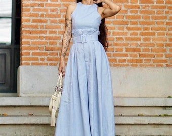 Women's Blue sky Linen Elegant Set/ High Waisted Super Wide leg pants Pants with Crop top and Belt.