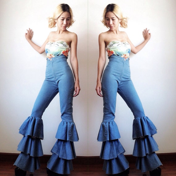 Women's High Waist Denim Jeans Ruffle Tiered Bell Bottom Pants