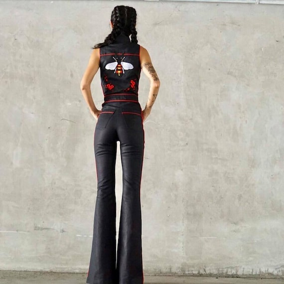 Black Denim Jumpsuit Overalls/bodysuit High Waist Bell Bottom Pants, Bee  Embroidered, Red Trim, 70s Vintage Fashion. 