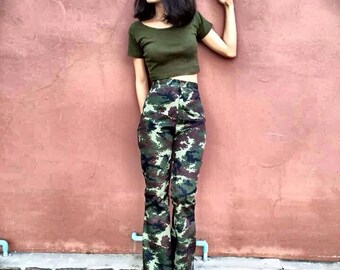 Women's Camo/Army print high waisted flared bell bottoms pants- vintage 70s fashion