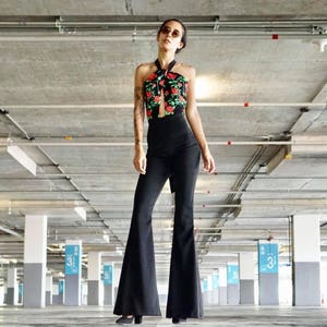 Women&#39;s Black in Red Roses Halter Neck Jumpsuit High Waist Bell Bottom Pants, Backless 70s Vintage style/Funky/Boho Jumpsuit.