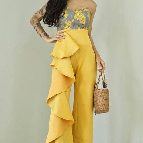 Women's Yellow Mustard High Wiasted Side Ruffle Wide Leg - Etsy