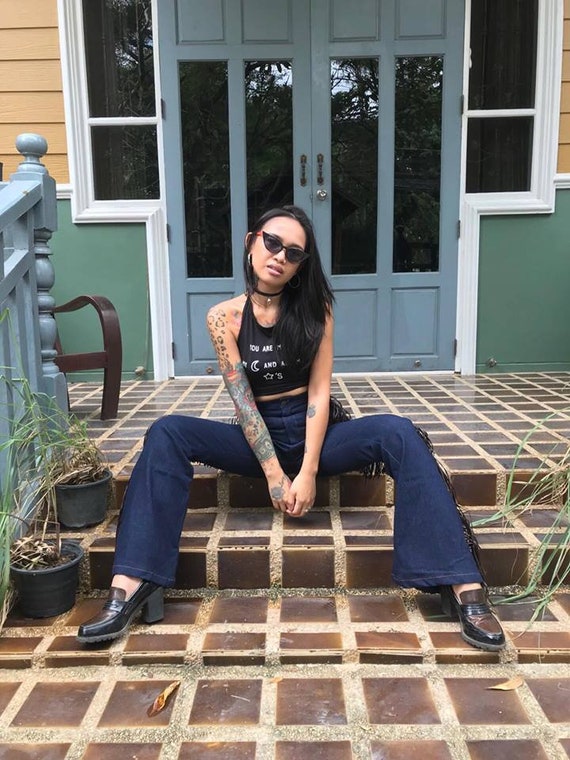 HOT PRICE Sale women s High Waist Flared Bell Bottom Jeans With Side Fringe Boho Pants vintage 70s Denim festival. Etsy UK