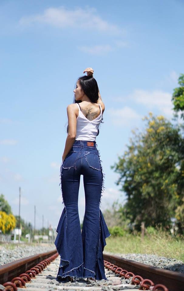 Sexyshine - Pantalones Vaqueros Acampanados Para Mujer - Cintura Alta, Con Volantes - Estilo Retro Años 70 - Pierna Ancha