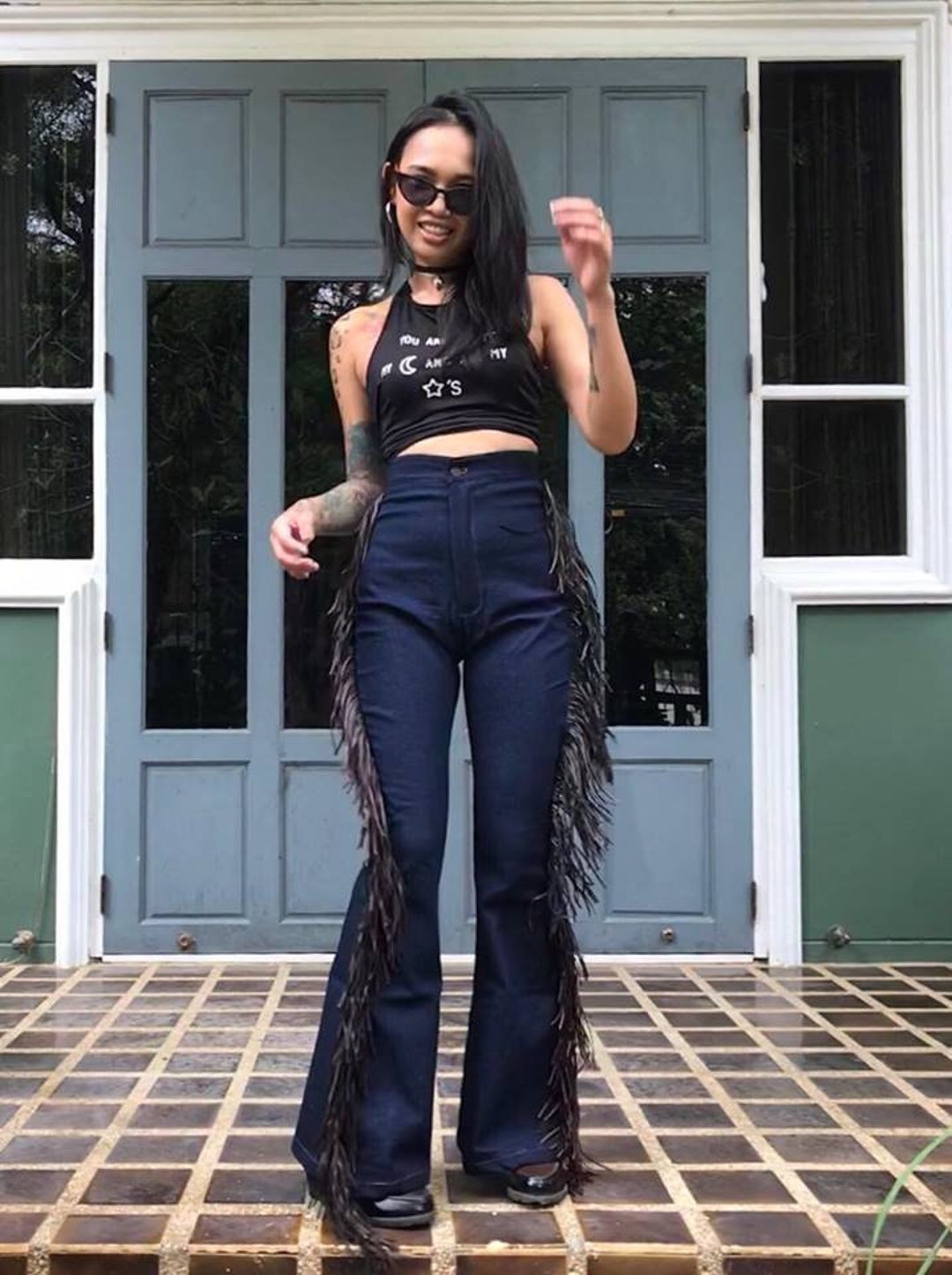 Buy Women's High Waist Flared Bell Bottom Jeans With Side Fringe