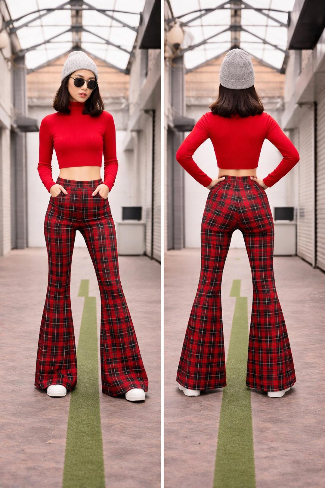 Red Plaid Bell Bottoms: High Waisted 70s Style Flare Pants - Etsy