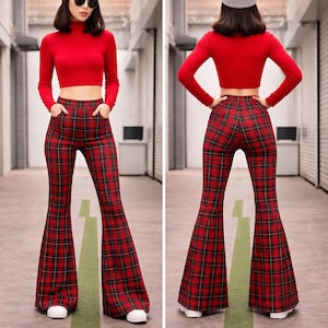 Red Plaid Bell Bottoms: High Waisted 70s Style Flare Pants