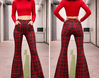 Red Plaid Bell Bottoms: High Waisted 70s Style Flare Pants