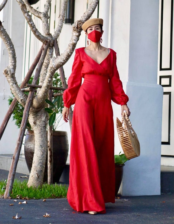 Red Long Sleeves Wide Leg Jumpsuits Red Long Sleeves Wide Leg Jumpsuits