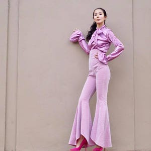 Women's High Waisted Lurex Asymmetric Draped Cigarette Trousers/ Flared Bell Bottoms Pants shiny/sparkling-70s Vintage fashion.