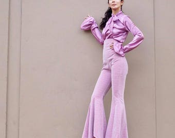 Women's High Waisted Lurex Asymmetric Draped Cigarette Trousers/ Flared Bell Bottoms Pants shiny/sparkling-70s Vintage fashion.