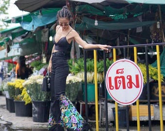 High Waisted Black Flare Jeans, Handmade Hill Tribe Embroidery