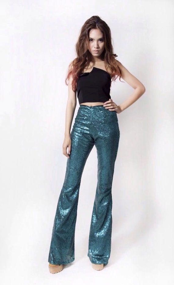 Mens Shiny Sequins Bell-Bottoms Pants 70s Disco Party Hologram Flared  Trousers