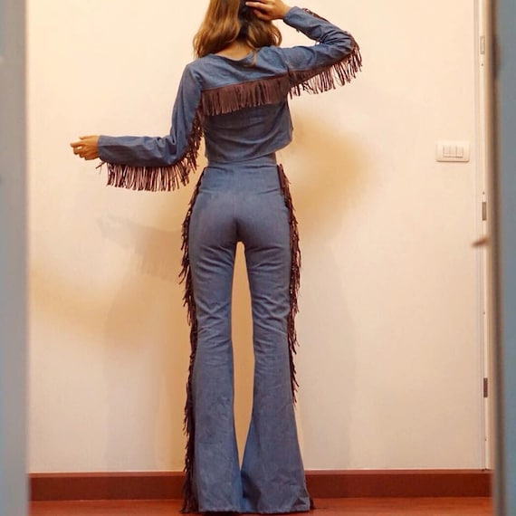 Women's Long Sleeve Denim Crop Top /along Side Body Fringe Shirt ,hippie ,  Boho ,70s Fashion, Festival.cowgirl Top. 