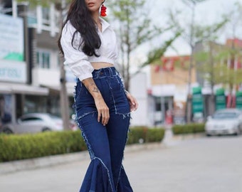Women's High Waist Asymmetric Draped Frill Side Cigarette Trousers/tassel  Flared Bell-bottom Jeans/ Vintage 70s Style / Hippie/retro Boho. -   Hong Kong