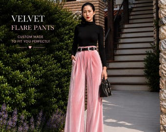 High Waist Velvet Flare Pants | 70s Inspired Retro Trousers | Custom Made
