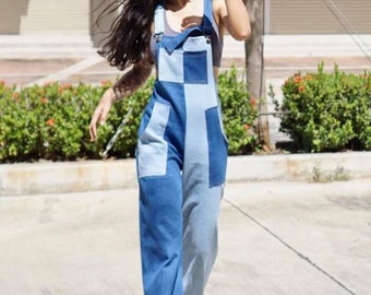 Two-Tone Denim Overalls: 90s Style, Wide Leg Jeans