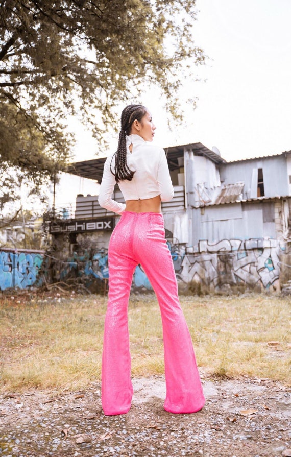 Women's Pink Glitter Sequin High Waisted Bell Bottom/shiny Flare/sparkling  Trousers/70s Disco Dance Party/hippie Wide Leg Long Pants. 