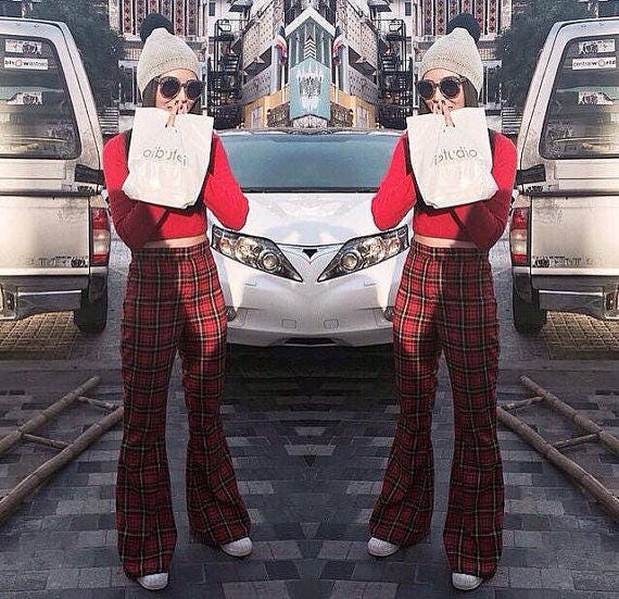 Women's Red Scotch Plaid High Waisted Flared Bell Bottoms Pants