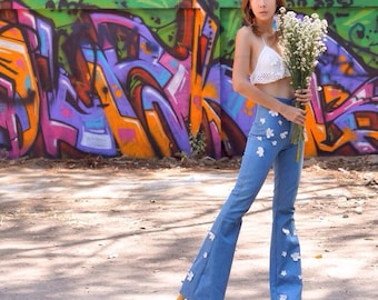 Women's Blue Jeans High Waisted Flared Bell Bottoms Pants/White flowers Embroidered /vintage 70s Style/Hippie/Boho pants.