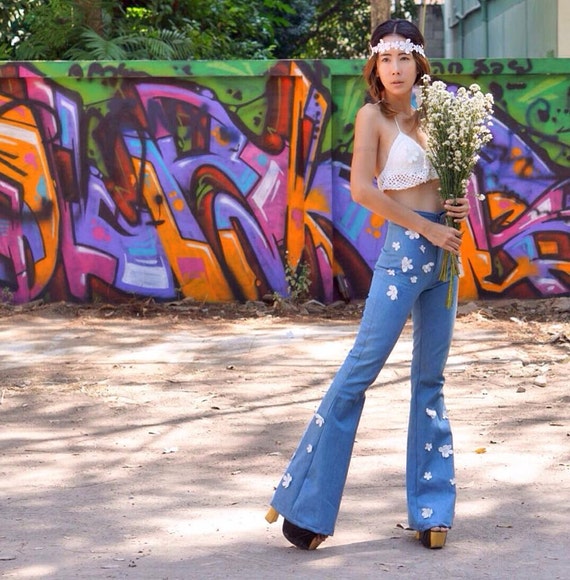 Women's Blue Jeans High Waisted Flared Bell Bottoms Pants/white