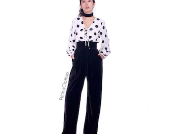 Pantalones de pierna ancha de terciopelo de cintura alta para mujer - Vintage estilo de moda de los años 70. De todos los tamaños.