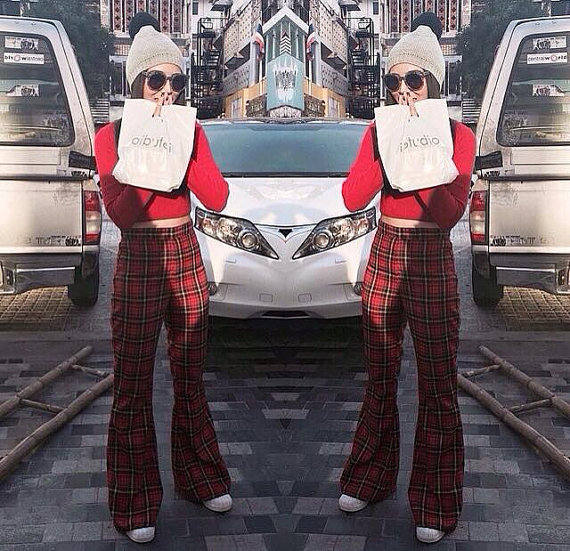 Red plaid flare pants sale