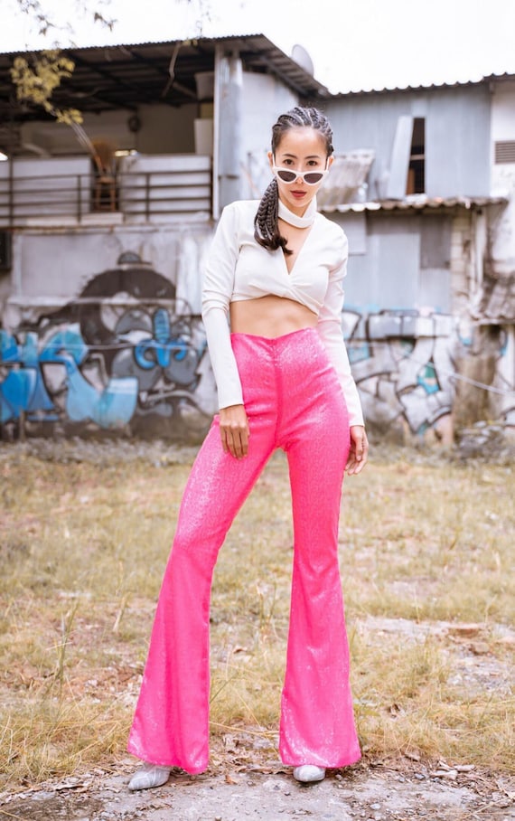 Flare With Me High Waist Stretch Disco Bell Bottom Pants - Neon Pink