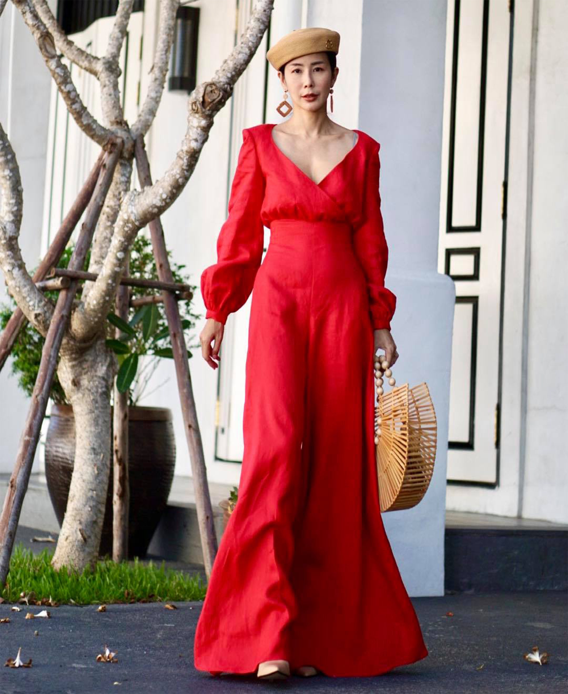 Red Linen Jumpsuit: Elegant V-neck, Balloon Sleeves, Wide Leg - Etsy