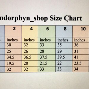 May include: A size chart for clothing in inches, with sizes ranging from 0 to 14. The chart lists measurements for bust, high waist, hip, thigh, and inseam.