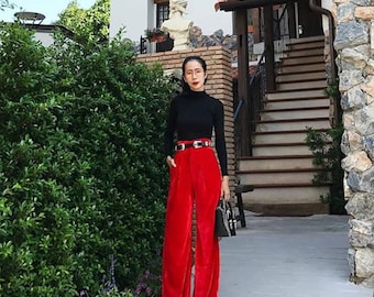 Frauen Hohe Taille Samt Weite Bein Hose /Vintage 70er Jahre Mode Hose.