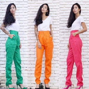 Women's  High Waist Linen Green/Orange/Pink Skinny Tapered leg Trousers, Vintage pants  Made to order