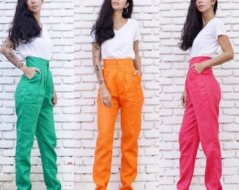 Women&#39;s  High Waist Linen Green/Orange/Pink Skinny Tapered leg Trousers, Vintage pants  Made to order