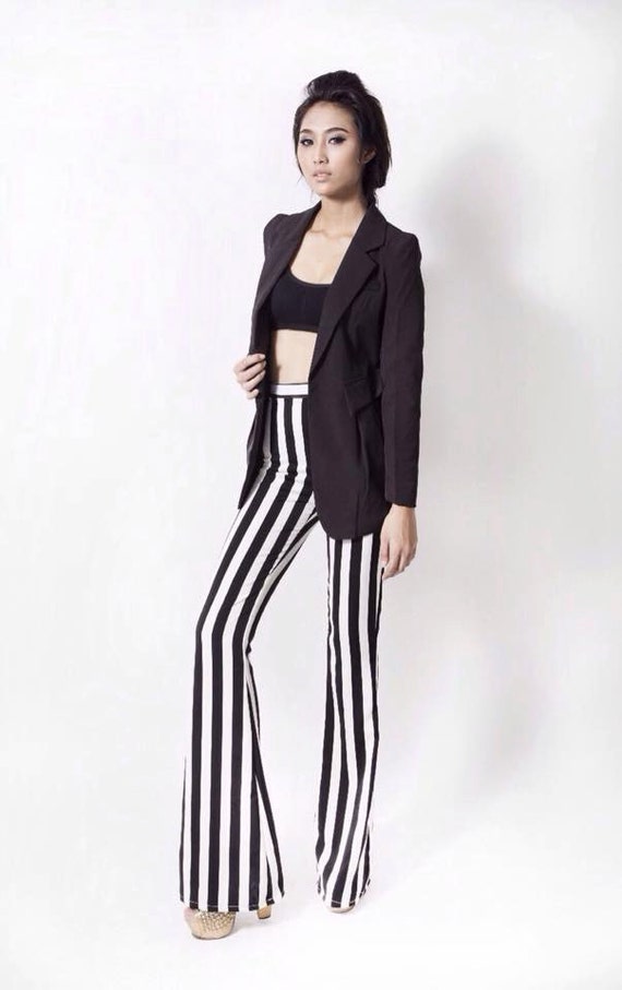 Women's Black and White Striped High Waisted Flared Bell Bottom